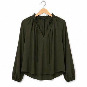 Madewell Top Womens Size XS Olive Tie Neck Long Sleeve Semi-Sheer Ruffle NWT
